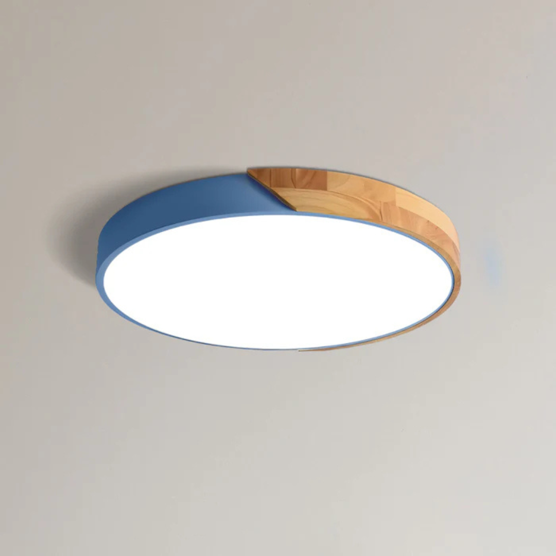 Modern Nordic LED Ceiling Light with Wood Accent – Flush Mount Dimmable Fixture for Bedroom, Living Room, Kitchen & Hallway