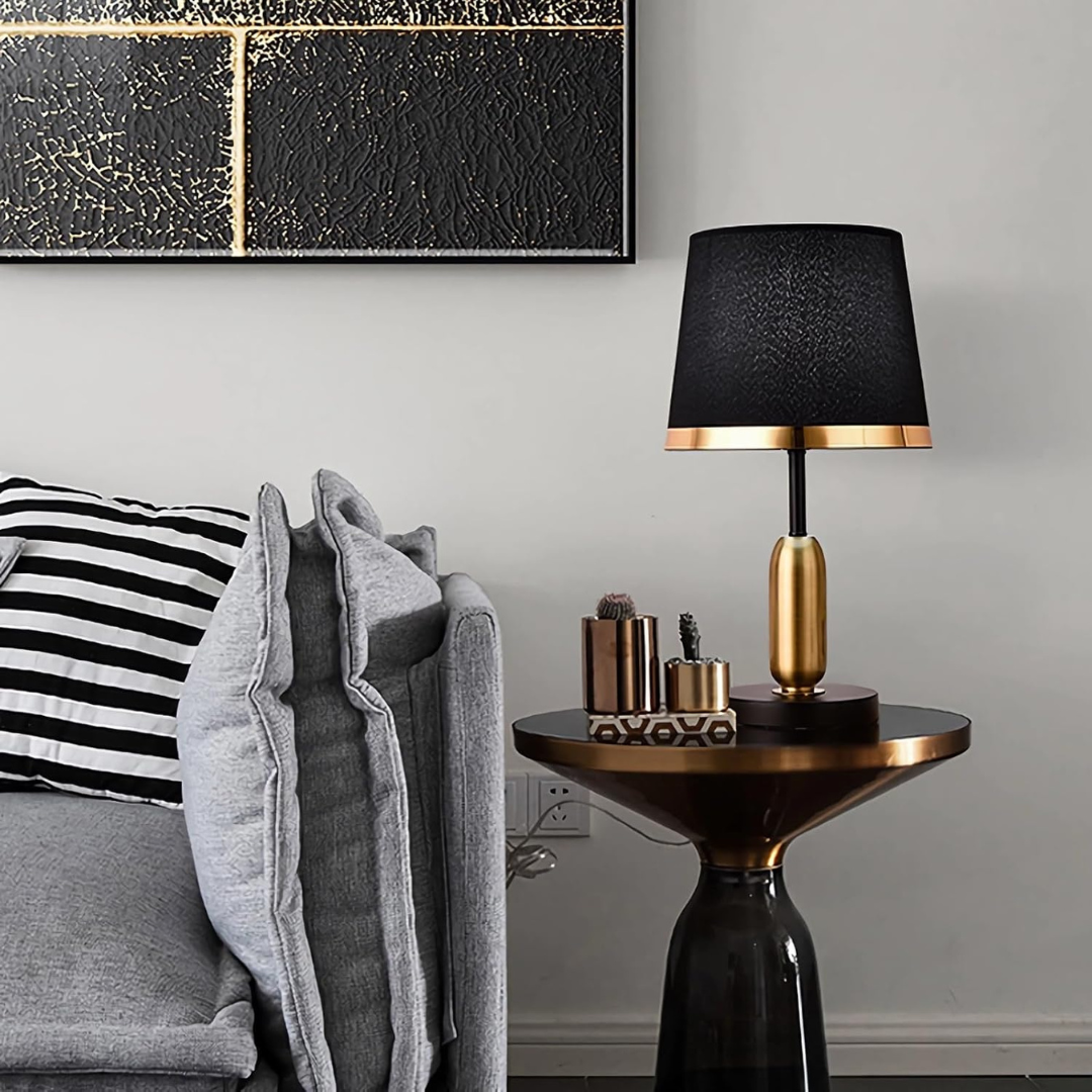 Vintage Black & Gold Table Lamp – Modern Retro Accent Lamp with Matte Black Shade and Gold Trim for Bedroom & Living Room