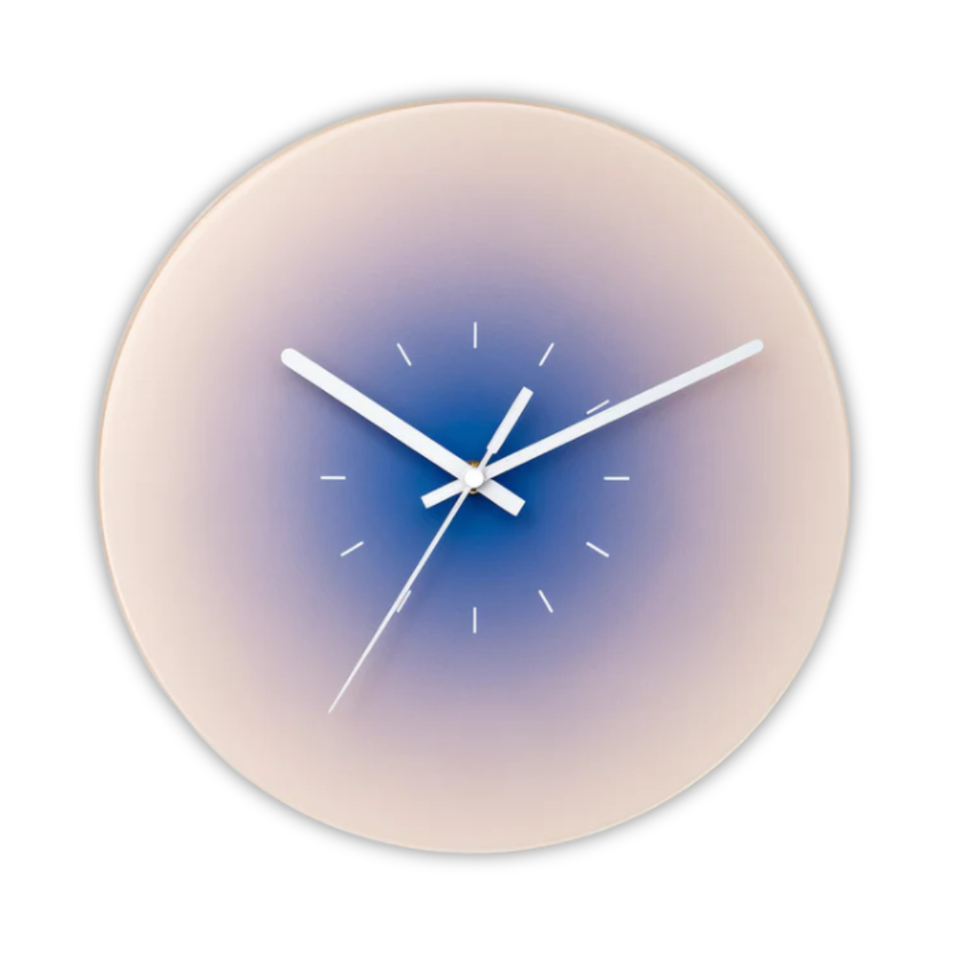 Sunset Gradient Glass Wall Clock – Silent Modern Tempered Glass Clock in Orange, Blue or Purple, With or Without Numbers