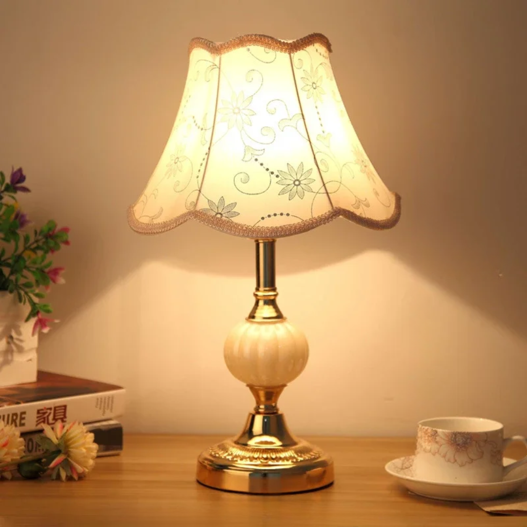Quixy Vintage Scandinavian Table Lamp – Floral Fabric Shade with Gold Metal Base, Cozy Bedside Lamp for Bedroom & Living Room