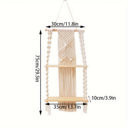 Boho Macrame Hanging Wall Shelf – 2-Tier Handwoven Cotton Rope & Wood Organizer for Plants, Books & Decor