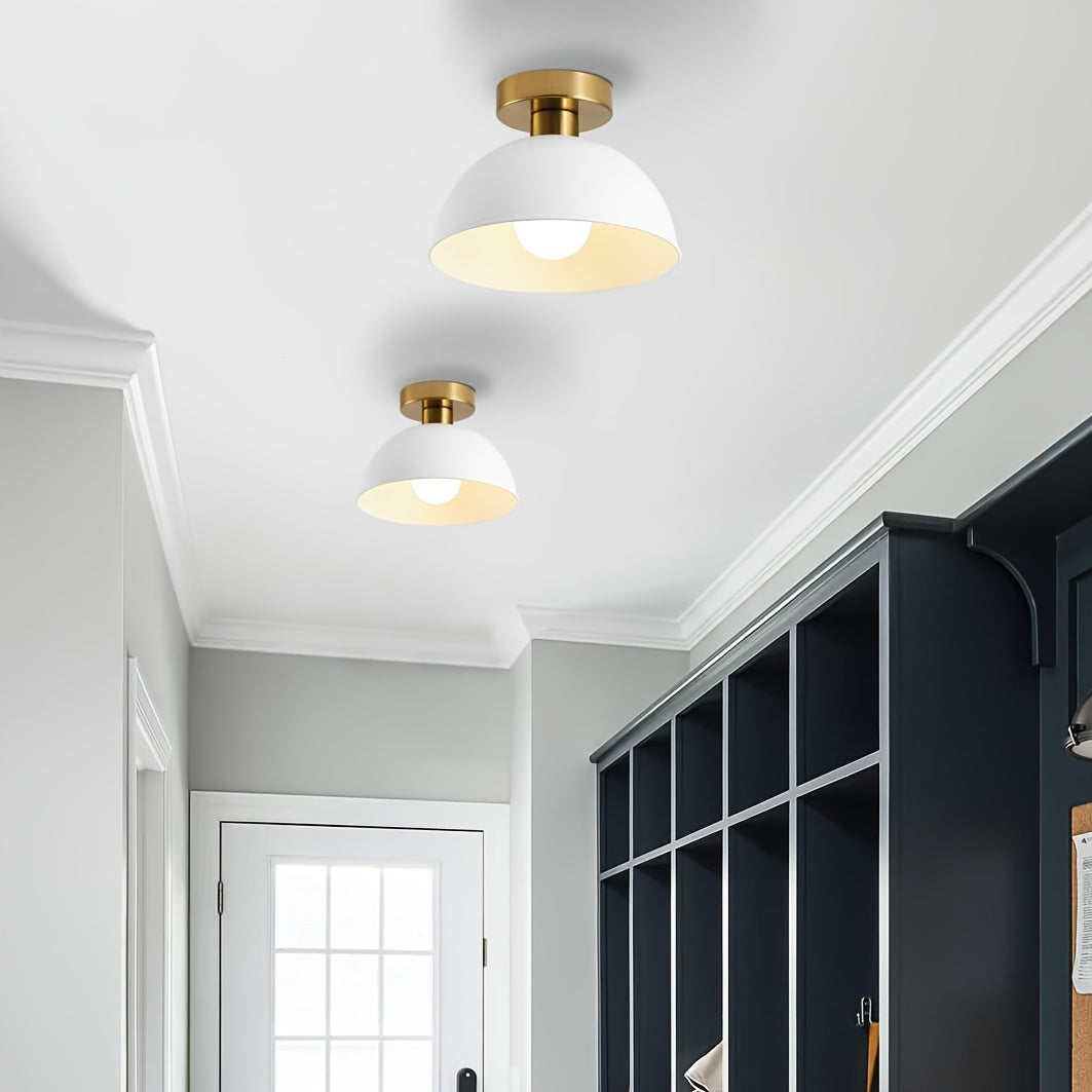 Compact Modern Semi-Flush Ceiling Lamp – Matte Metal Dome with Brass-Tone Details, 20 x 16 cm for Low Ceilings & Hallways