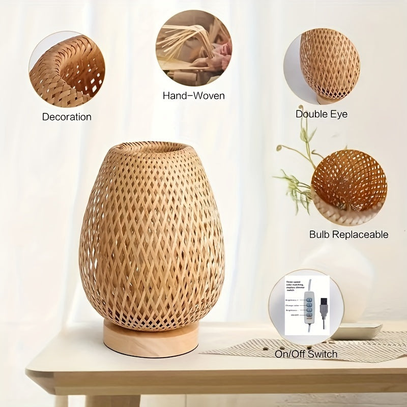 Handcrafted Woven Bamboo Bedside Lamp – Dimmable 3-Color USB Table Light with Natural Wood Base, Artisan Boho Lamp