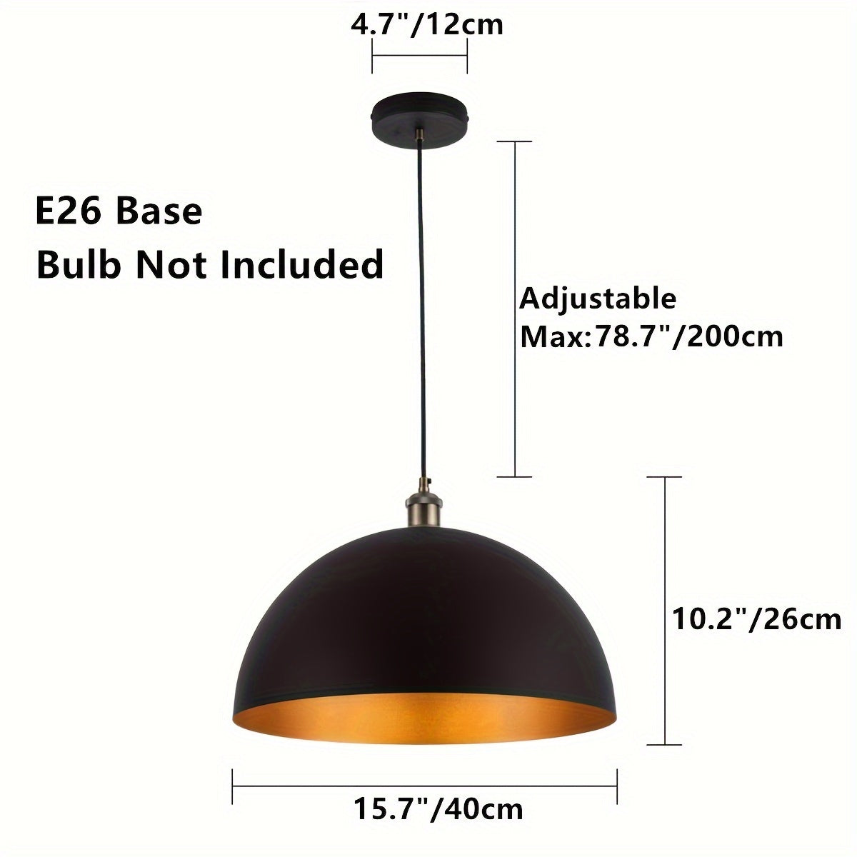 Vintage Industrial Dome Pendant Light – Black & Gold Iron Shade Hanging Lamp with Adjustable Cord for Kitchen Island & Dining