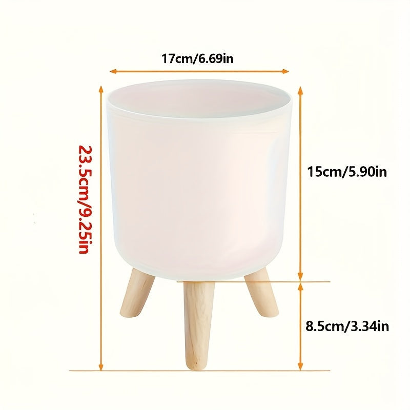 Modern Round Planter with Detachable Wooden Legs – Mid-Century Indoor & Outdoor Plant Pot in Black or White, 3 Sizes