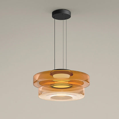 Bauhaus Layered Glass LED Pendant Light – 12W Warm White Tiered Hanging Fixture in Amber, Green or Smoke Grey, 6 Sizes