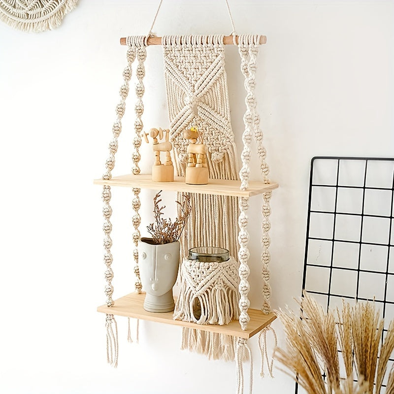 Boho Macrame Hanging Wall Shelf – 2-Tier Handwoven Cotton Rope & Wood Organizer for Plants, Books & Decor