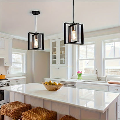 Modern Minimalist Geometric Industrial Pendant Light – Metal or Wood Frame Hanging Lamp for Kitchen Island, Dining & Cafe