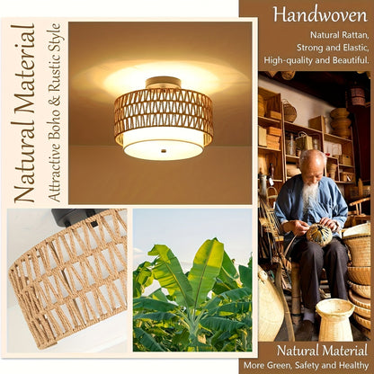 Boho Rattan Ceiling Light with Linen Diffuser – Coastal Semi-Flush Mount Fixture for Bedroom, Dining & Living Room