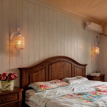 Boho Wood & Rattan Plug-In Wall Lamp – Handwoven Wall Sconce with 280 cm Cord, No Hardwiring Needed, Rental-Friendly