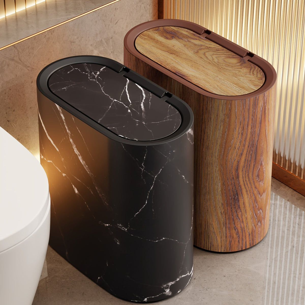 Marble Pattern Lidded Trash Can – Compact Oval Bathroom & Kitchen Waste Bin, 29 x 29 x 14.5 cm, Easy-Clean Plastic