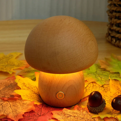 Portobello Natural Wood Mushroom Lamp – Rechargeable Touch-Dimmable Bedside Night Light, 6-8 Hour Battery, Walnut or Wood