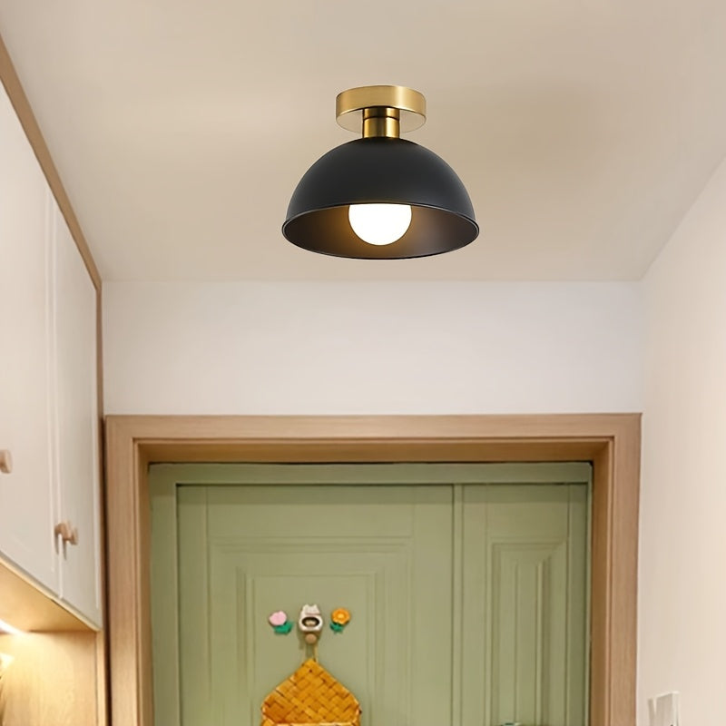 Compact Modern Semi-Flush Ceiling Lamp – Matte Metal Dome with Brass-Tone Details, 20 x 16 cm for Low Ceilings & Hallways