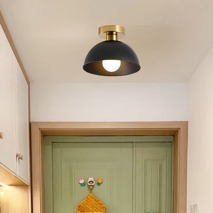 Compact Modern Semi-Flush Ceiling Lamp – Matte Metal Dome with Brass-Tone Details, 20 x 16 cm for Low Ceilings & Hallways