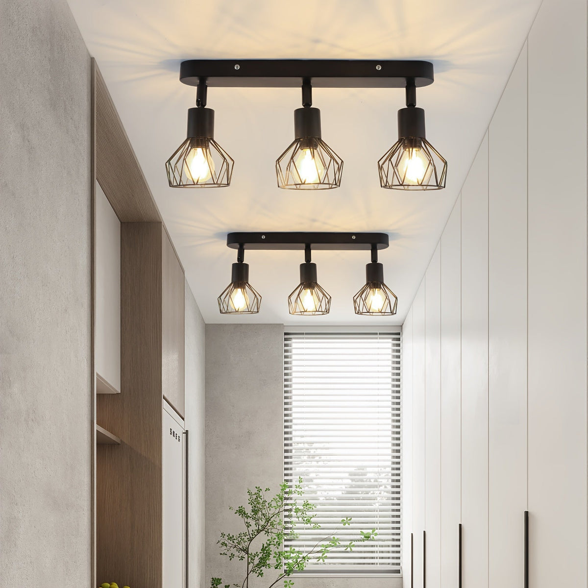 Vintage Industrial 3-Light Ceiling Spotlight – Adjustable Black Metal Cage Track Light Fixture for Kitchen, Hallway & Loft