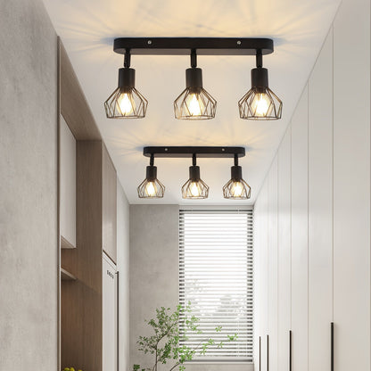 Vintage Industrial 3-Light Ceiling Spotlight – Adjustable Black Metal Cage Track Light Fixture for Kitchen, Hallway & Loft