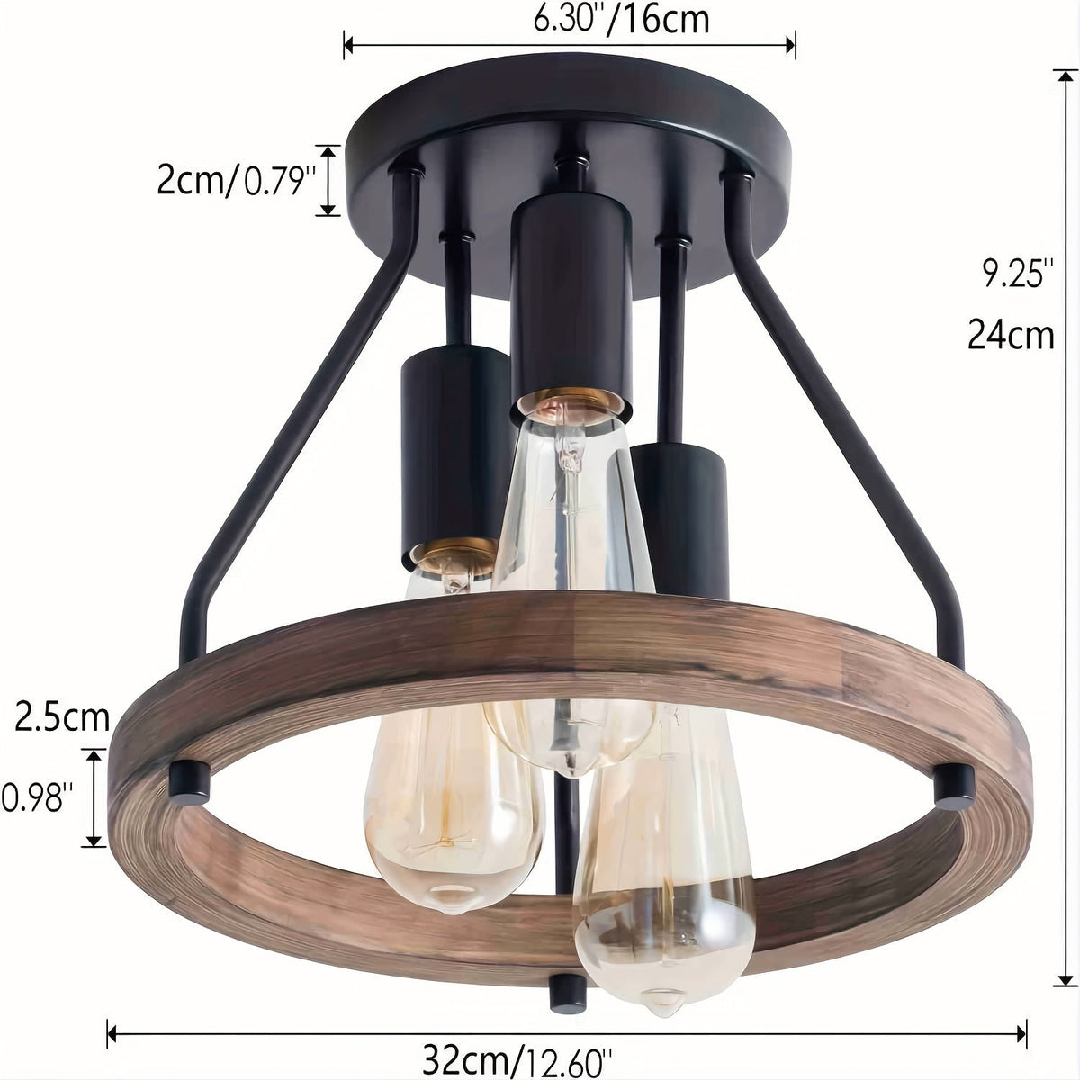 Industrial Wood Ring 3-Light Ceiling Fixture – Rustic Black Metal Semi-Flush Mount Light for Kitchen, Dining & Living Room