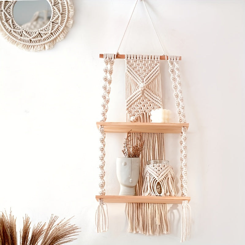 Boho Macrame Hanging Wall Shelf – 2-Tier Handwoven Cotton Rope & Wood Organizer for Plants, Books & Decor