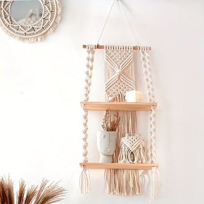 Boho Macrame Hanging Wall Shelf – 2-Tier Handwoven Cotton Rope & Wood Organizer for Plants, Books & Decor