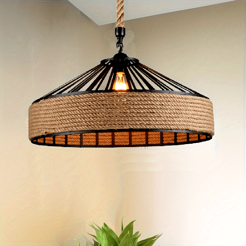 Rustic Hand-Woven Hemp Rope Pendant Light – Vintage Farmhouse Ceiling Lamp with Metal Frame & Adjustable Cord