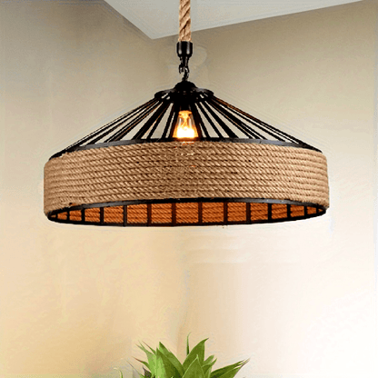 Rustic Hand-Woven Hemp Rope Pendant Light – Vintage Farmhouse Ceiling Lamp with Metal Frame & Adjustable Cord
