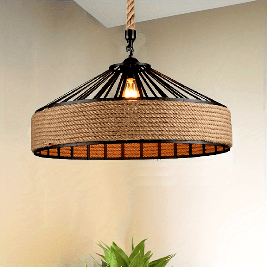 Rustic Hand-Woven Hemp Rope Pendant Light – Vintage Farmhouse Ceiling Lamp with Metal Frame & Adjustable Cord
