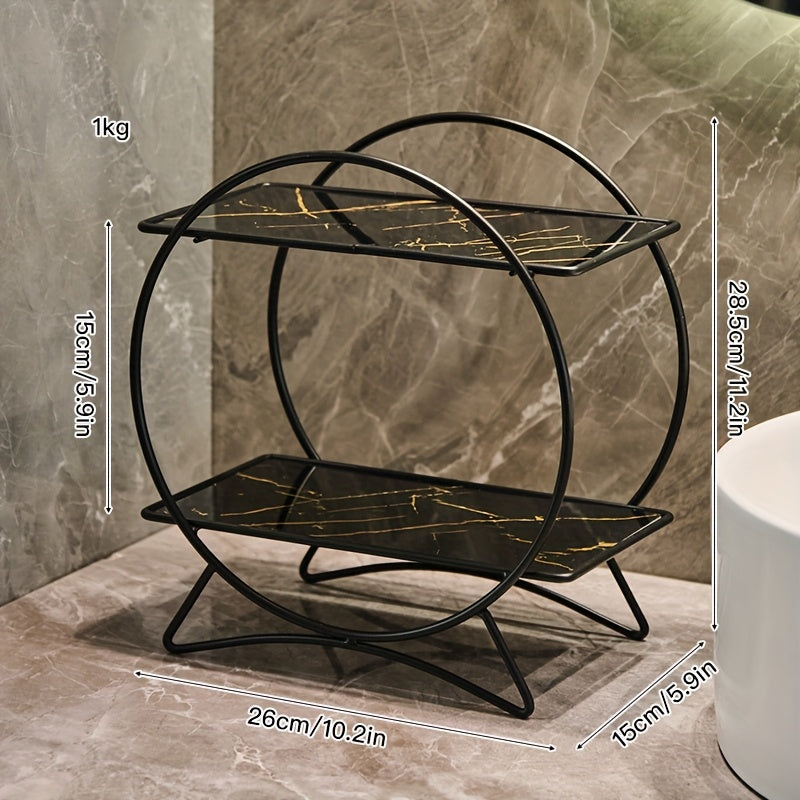 2-Tier Bathroom Organizer with Cat-Ear Base – Metal & Marble-Look Cosmetic, Perfume and Skincare Storage Shelf for Vanity