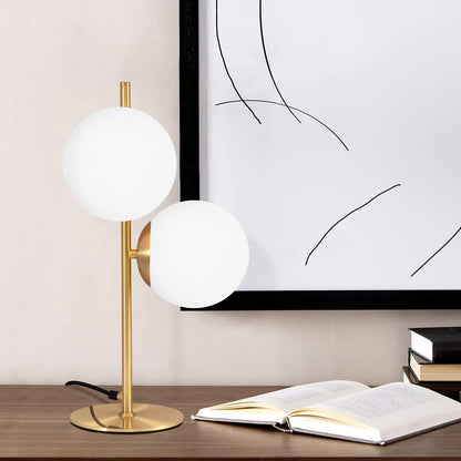 Modern Golden Table Lamp with Frosted White Glass Globe – Single or Double Globe Bedside & Desk Lamp, Polished Brass Finish