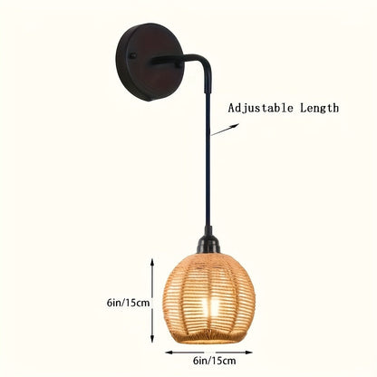 Boho Handwoven Rattan Wall Lamp – Natural Woven Bedside & Living Room Wall Sconce with Soft Golden Light