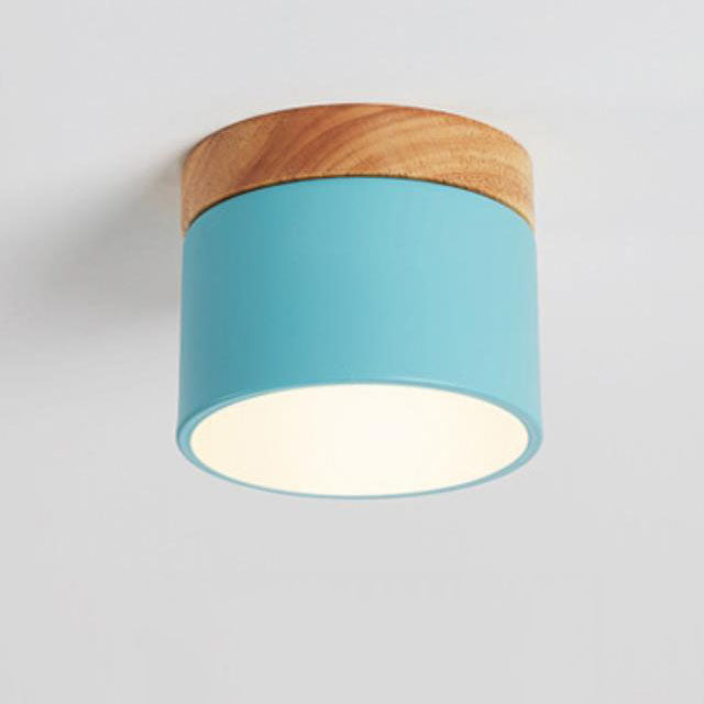 Scandinavian Macaron LED Ceiling Light with Wood Accent – Compact 7W 700 Lumen Flush Mount with 3-Color Light in 7 Colors