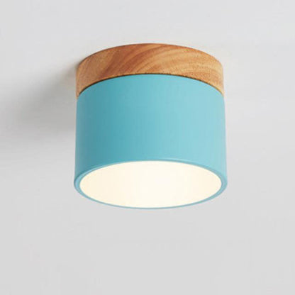 Scandinavian Macaron LED Ceiling Light with Wood Accent – Compact 7W 700 Lumen Flush Mount with 3-Color Light in 7 Colors