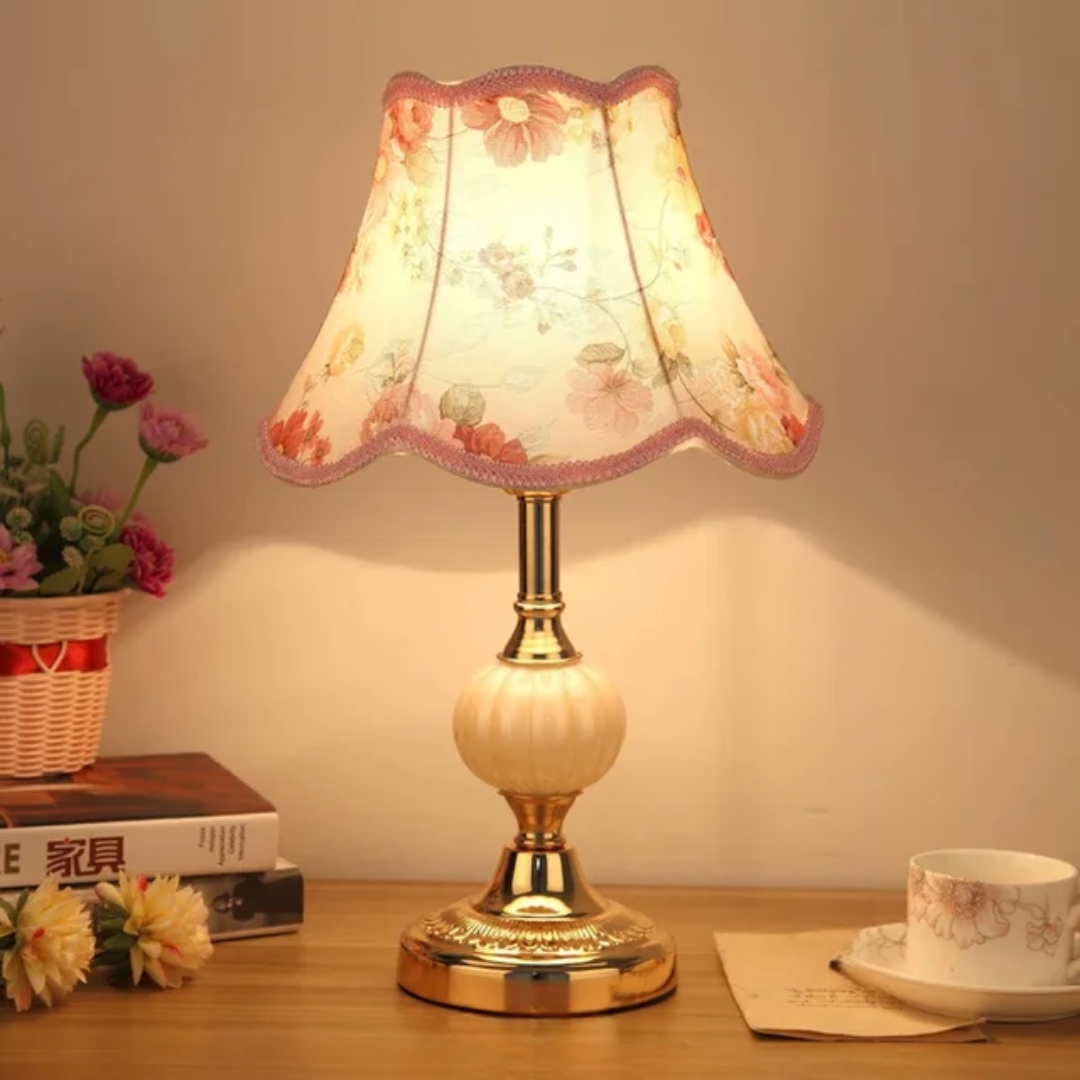 Quixy Vintage Scandinavian Table Lamp – Floral Fabric Shade with Gold Metal Base, Cozy Bedside Lamp for Bedroom & Living Room