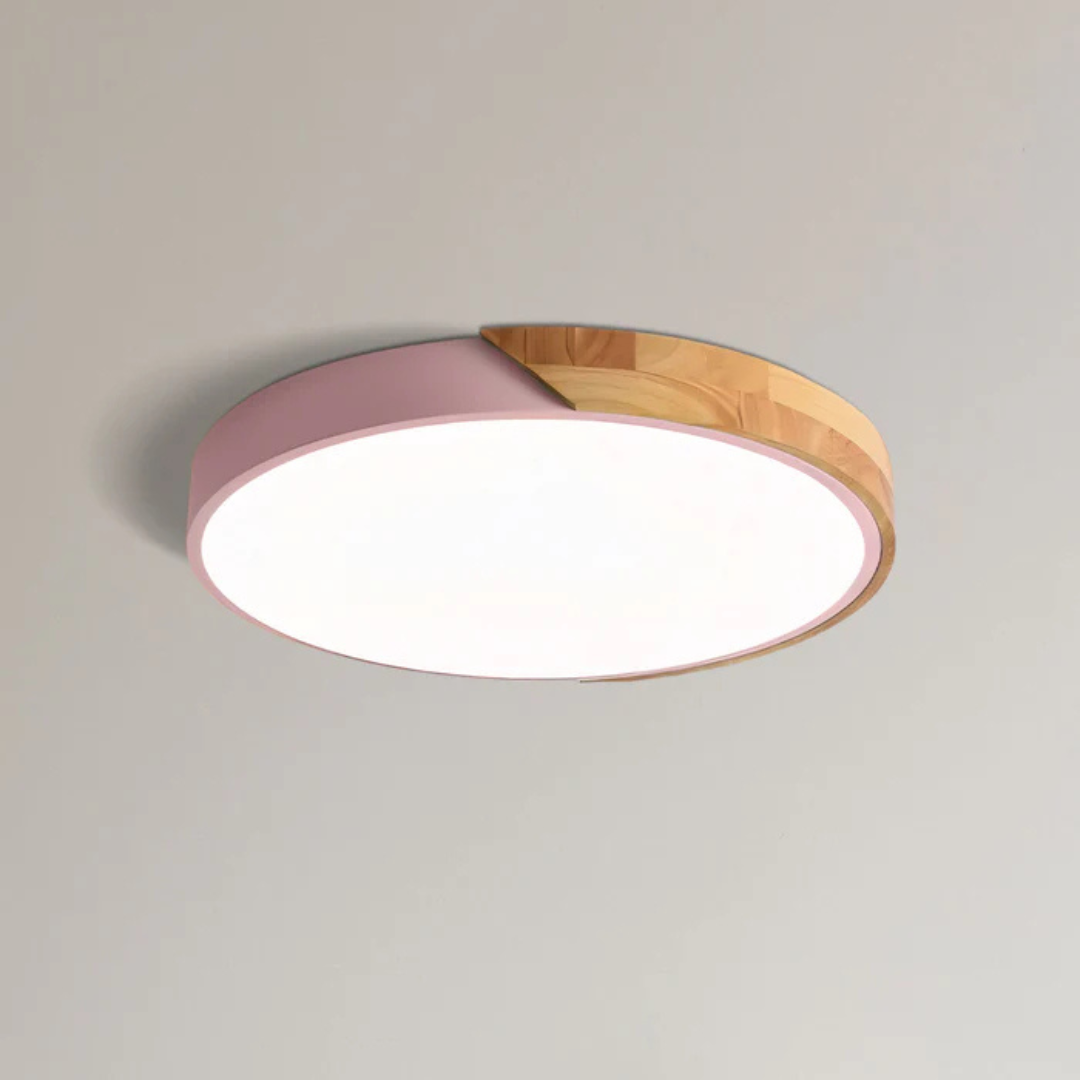 Modern Nordic LED Ceiling Light with Wood Accent – Flush Mount Dimmable Fixture for Bedroom, Living Room, Kitchen & Hallway