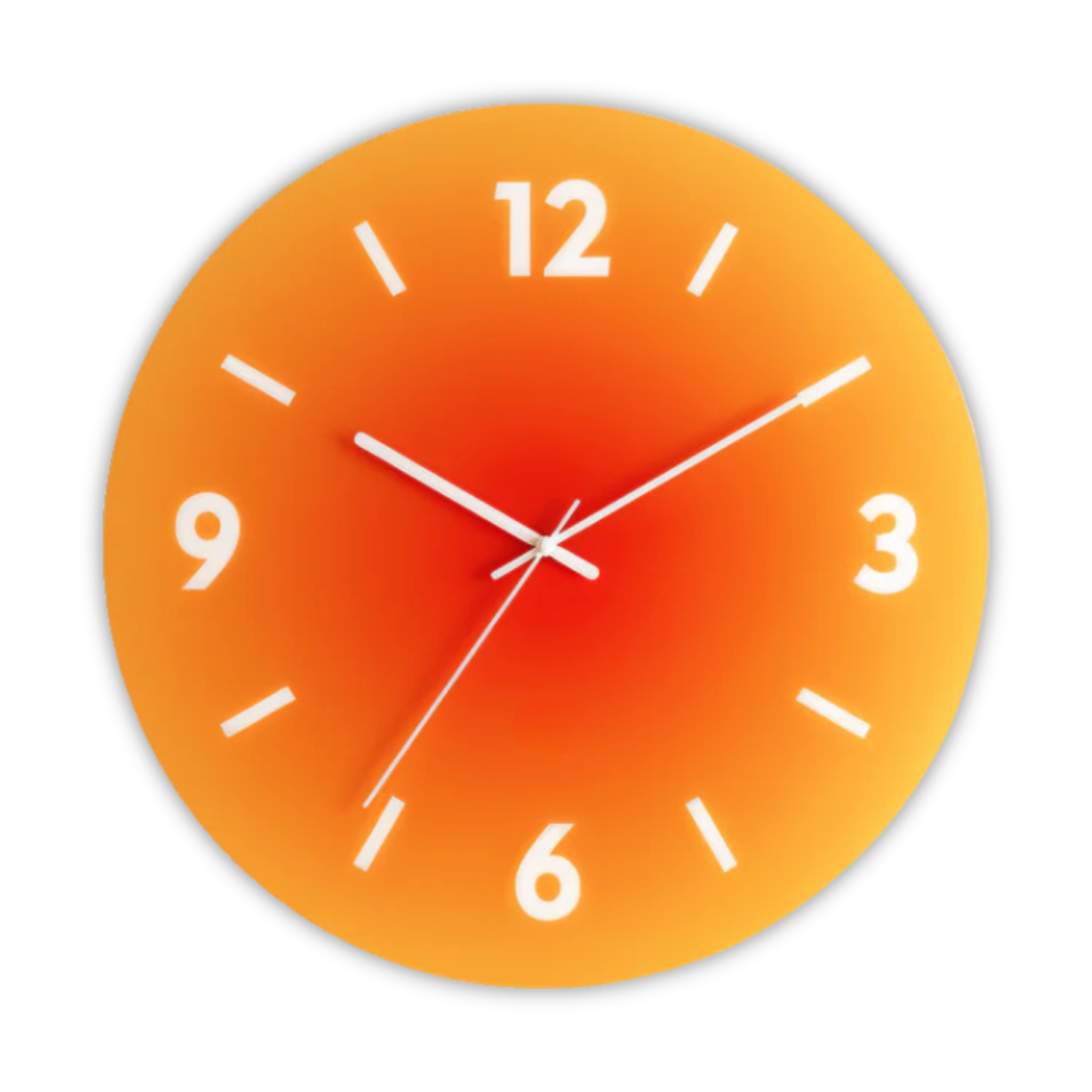 Sunset Gradient Glass Wall Clock – Silent Modern Tempered Glass Clock in Orange, Blue or Purple, With or Without Numbers