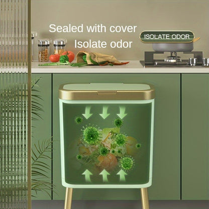 15L Modern Odor-Sealing Trash Can with Elevated Legs – Slim Flip-Top Waste Bin with Metallic Trim for Kitchen, Bathroom & Living Room