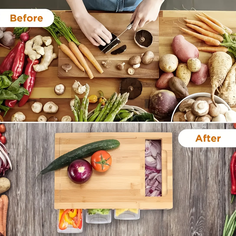 Bamboo Cutting Board with Built-In Storage Trays & Graters – Multifunctional Kitchen Prep Station with 4 Interchangeable Blades