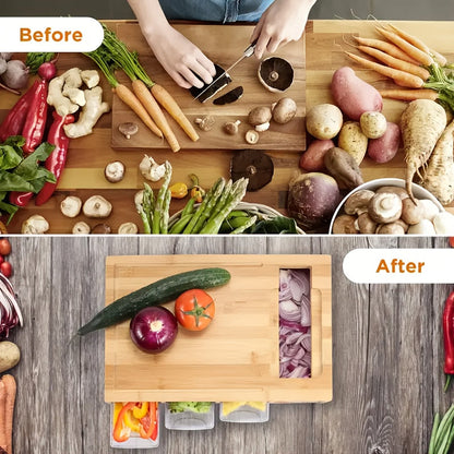 Bamboo Cutting Board with Built-In Storage Trays & Graters – Multifunctional Kitchen Prep Station with 4 Interchangeable Blades