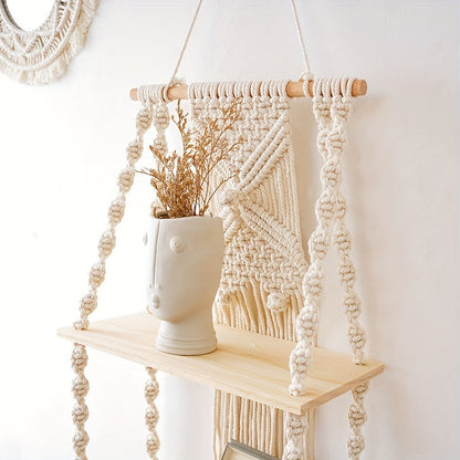 Boho Macrame Hanging Wall Shelf – 2-Tier Handwoven Cotton Rope & Wood Organizer for Plants, Books & Decor