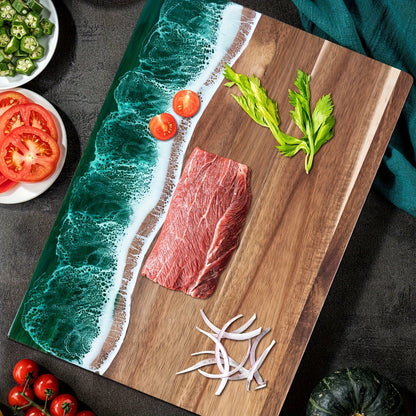 Ocean Wave Resin & Acacia Wood Cutting Board – Handcrafted Cheese, Charcuterie & Serving Board with River Resin Design