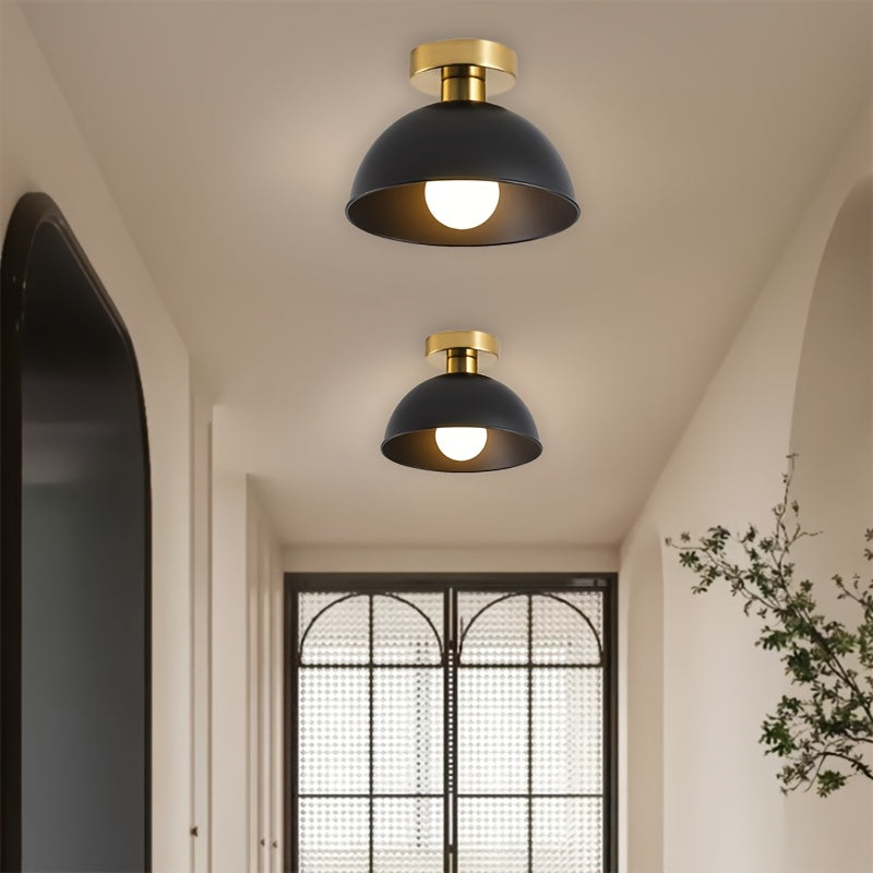 Compact Modern Semi-Flush Ceiling Lamp – Matte Metal Dome with Brass-Tone Details, 20 x 16 cm for Low Ceilings & Hallways