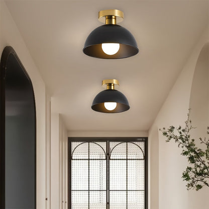 Compact Modern Semi-Flush Ceiling Lamp – Matte Metal Dome with Brass-Tone Details, 20 x 16 cm for Low Ceilings & Hallways