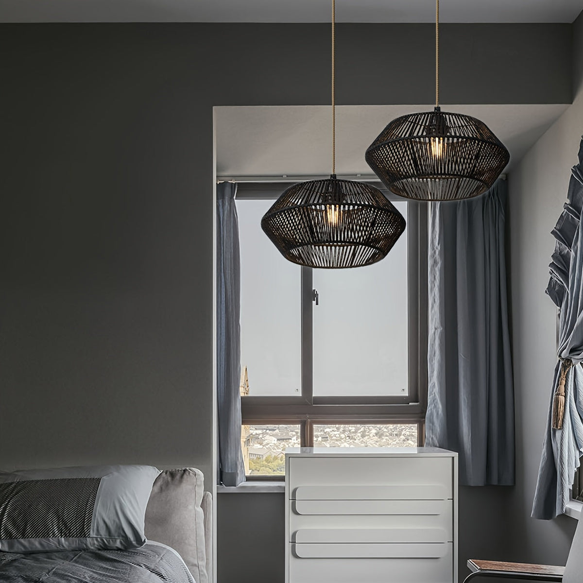 Handwoven Paper Rope Geometric Pendant Light Shade – 32 cm Modern Organic Woven Lampshade in Brown, White or Black