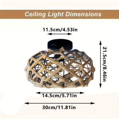 Bohemian Handwoven Hemp Rope Ceiling Light – Rustic Flush Mount Fixture with Patterned Shadows for Bedroom & Living Room