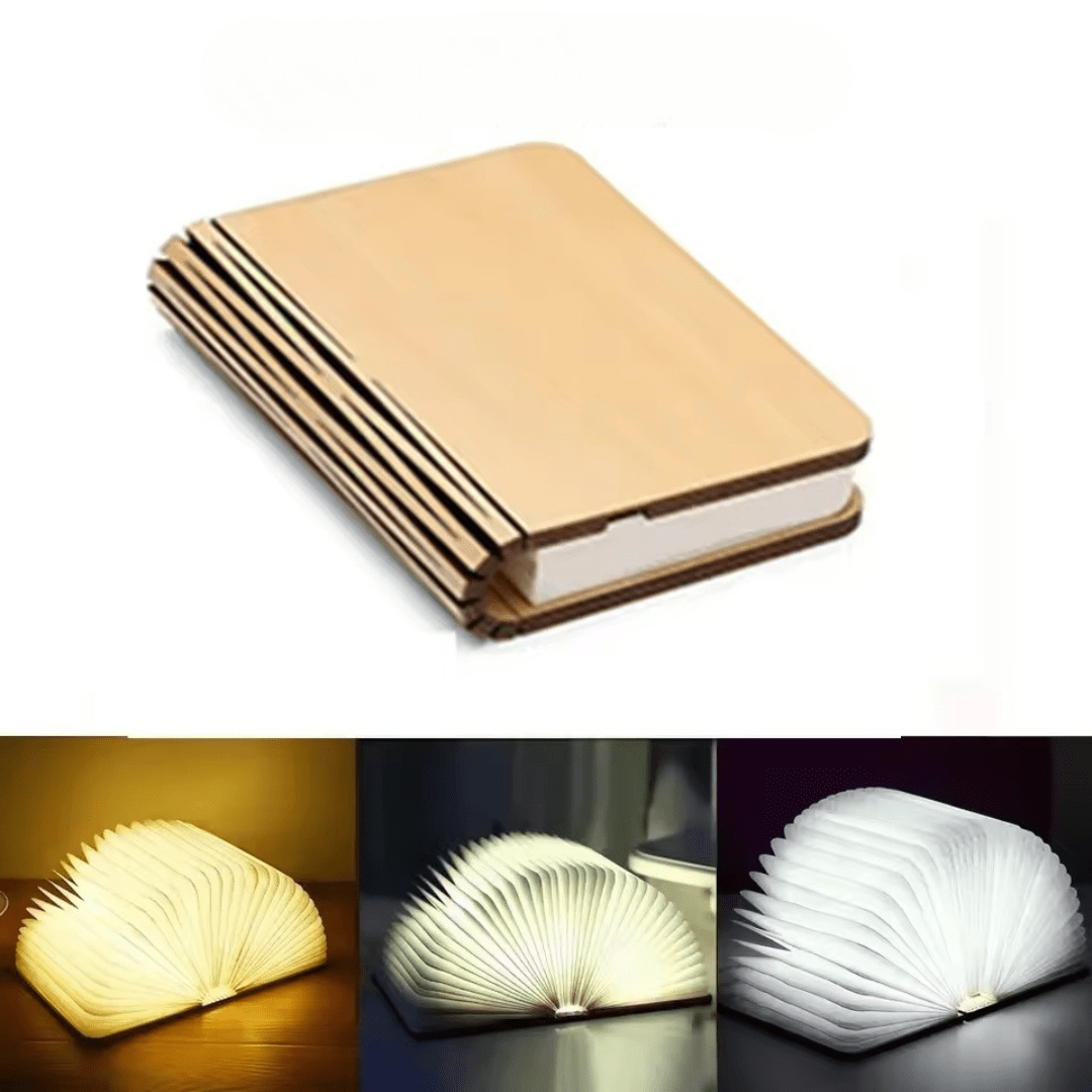 Lumibook Foldable Book Lamp – Rechargeable 360° Wooden LED Night Light, Portable Cordless Table Lamp