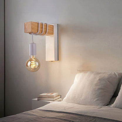Modern Industrial Wood & Metal Wall Sconce – E27 Bedside Wall Lamp in Black or White for Hallway, Stairwell & Cafe
