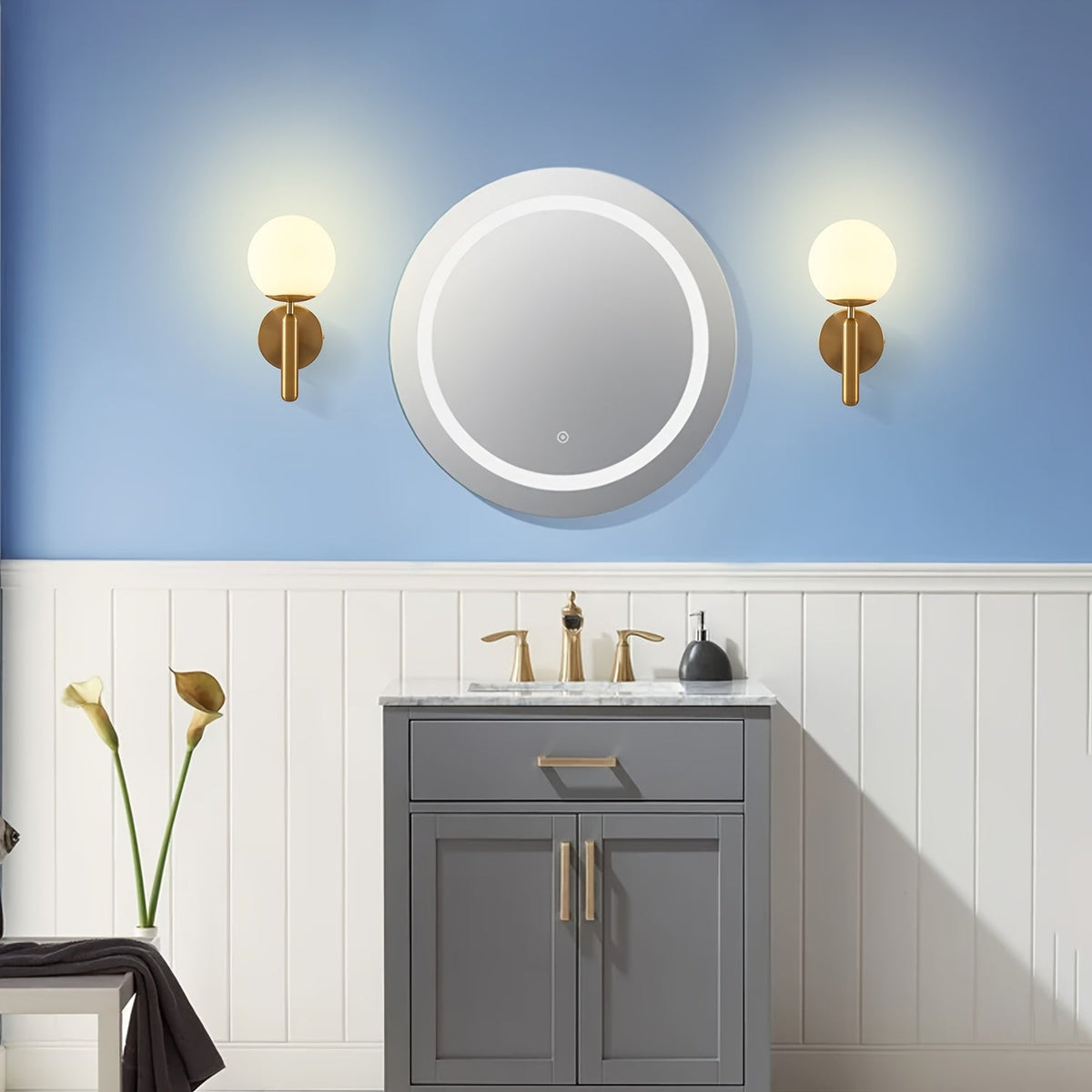 Modern Frosted Ivory Glass Globe Wall Sconce – Polished Metal Bedroom & Vanity Wall Light in Black or Gold