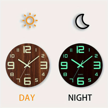 Walnut Luminous Wall Clock – Silent Glow-in-the-Dark Wooden Clock, 12 Inch Night Readable Clock for Bedroom & Living Room