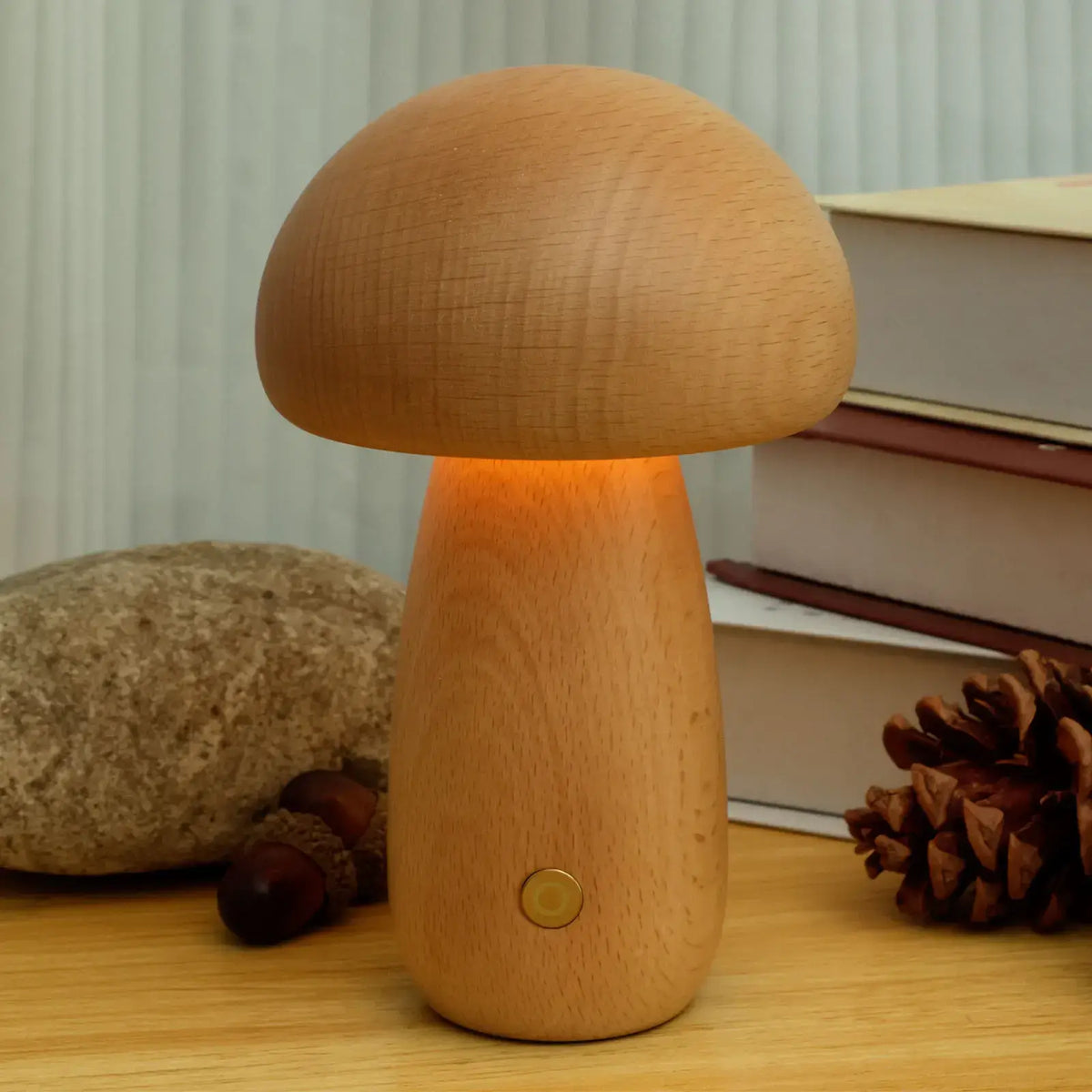 Portobello Natural Wood Mushroom Lamp – Rechargeable Touch-Dimmable Bedside Night Light, 6-8 Hour Battery, Walnut or Wood
