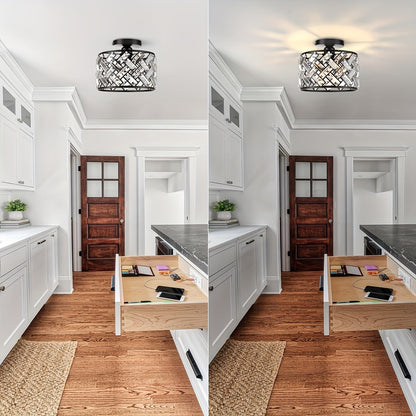 Modern Crystal Semi-Flush Mount Ceiling Light – Black Lattice Frame Chandelier with Clear Crystals for Bedroom & Dining