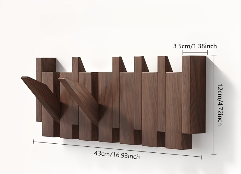 Foldable Piano Key Wooden Wall Hooks – Solid Wood 6-Hook Coat Rack, Space-Saving Entryway Hanger in Natural or Walnut
